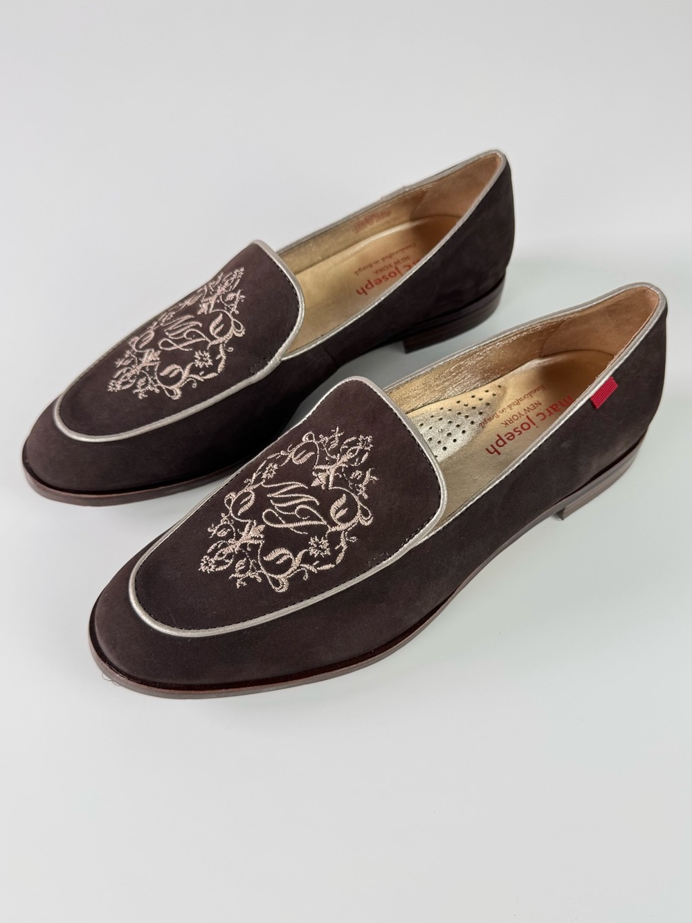 Marc Joseph New York Brown Nubuck Leather Loafers Embroidered Size 6.5